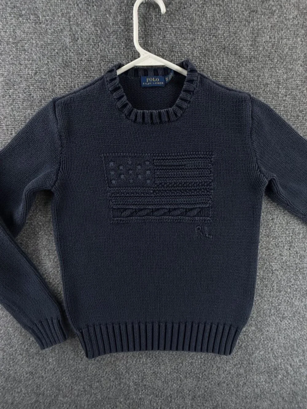 Polo Ralph Lauren XS USA Flag Sweater Navy Blue Embroidered Crew Neck Cotton